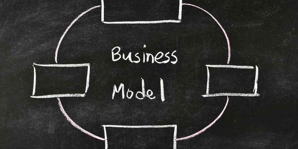 A chalkboard with the words 'business model' written on it