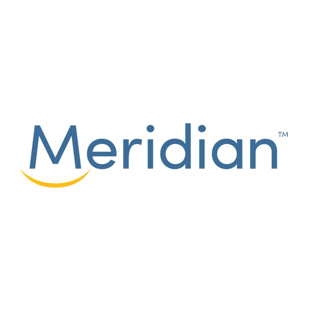 Meridian Credit Union Logo. Teal/Blue and Yellow smile line under the M.