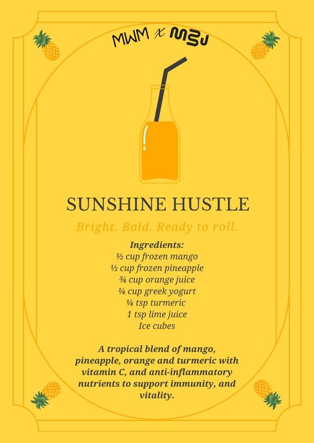 Sunshine Hustle smoothie recipe card, MWM x Meraki by J